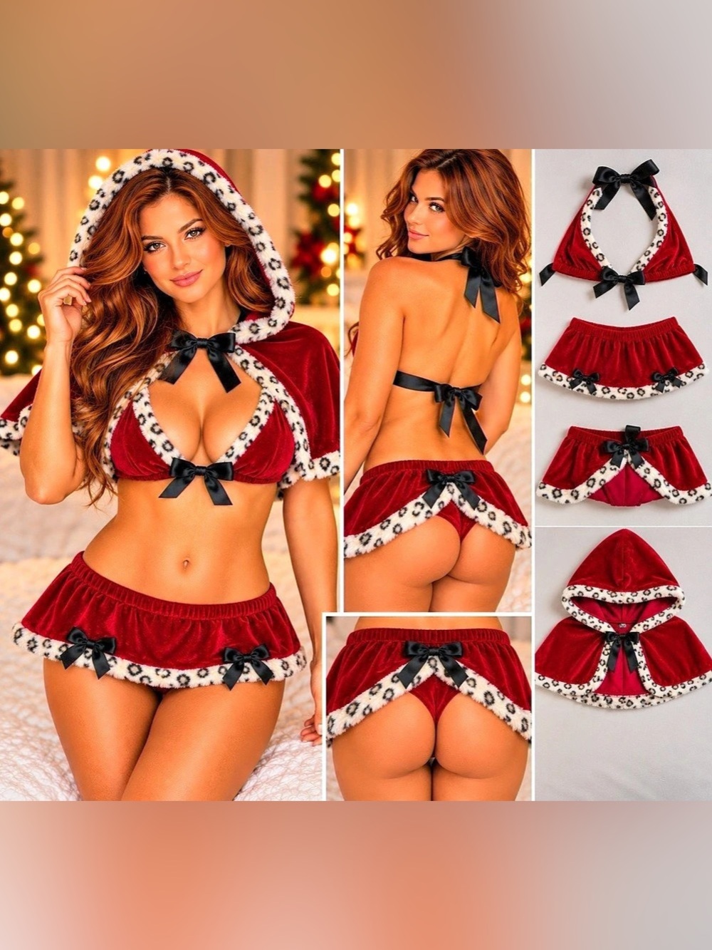 Frederick’s of Hollywood Red Velvet Leopard 3 Piece Lingerie Set NWOT